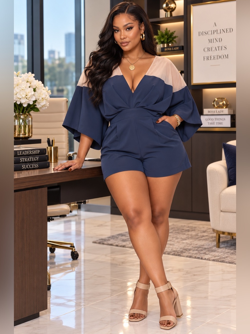 Fashion Nova Navy and Beige V-Neck Short Romper